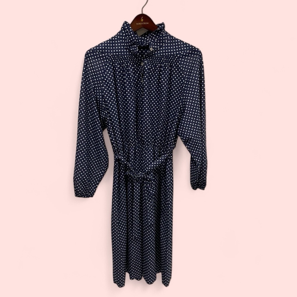 Vintage 70s boho navy white polka dot sheer dress elastic cuffs waist midi